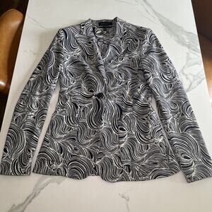 Escada Navy Blue Ivory Swirl Patterned Wool Blend Blazer Size 4 (US) 36 (EU) EUC